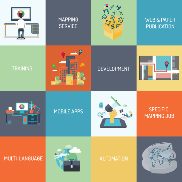 training, cartographic service, print/web publishing, mobile application, domain‑specific mapping, multilingual, automation